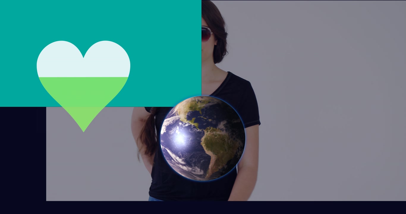 Animation of heart and globe over caucasian woman