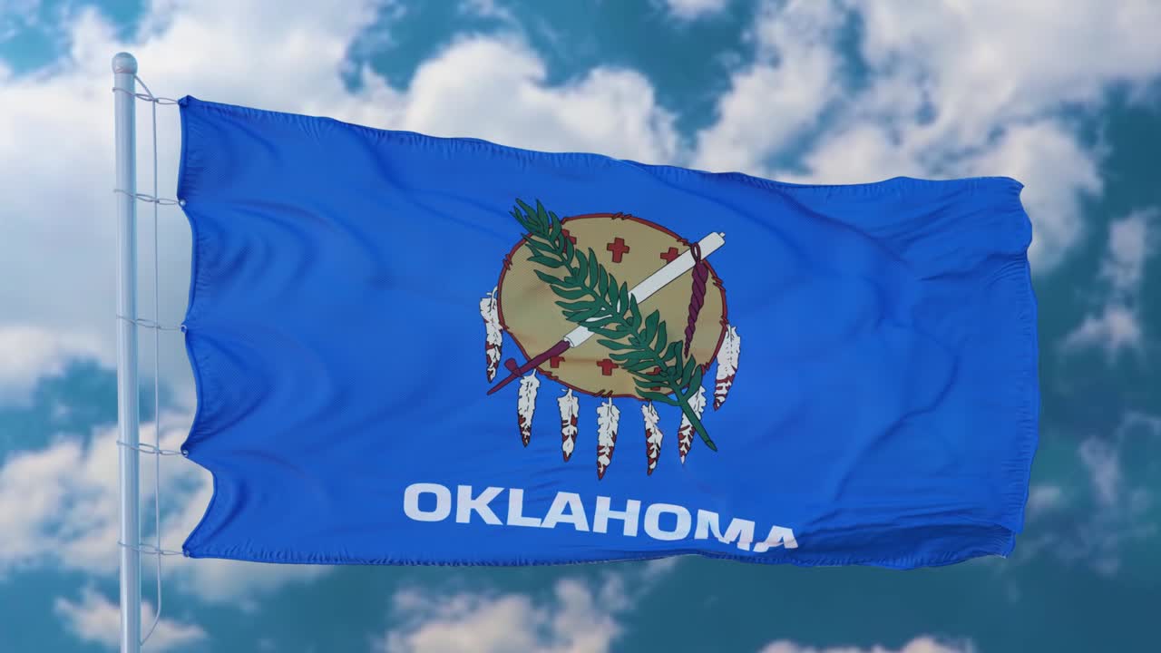 바람에 흔들리는 발 기둥 위의 오클라호마 발, 파란 하늘 배경
