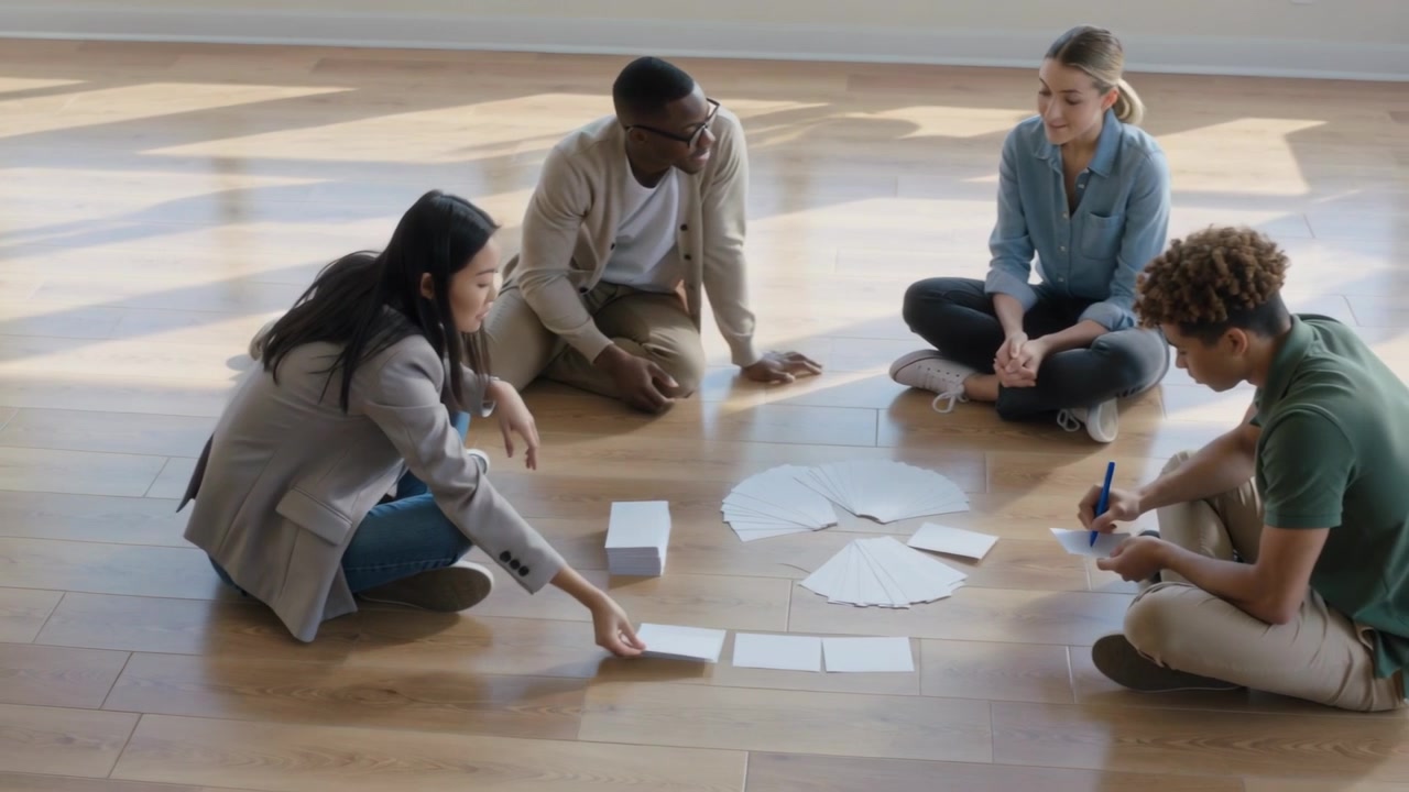 Left woman reaching team in workwear sorting writing cards with blue-pen on wood floor for planning