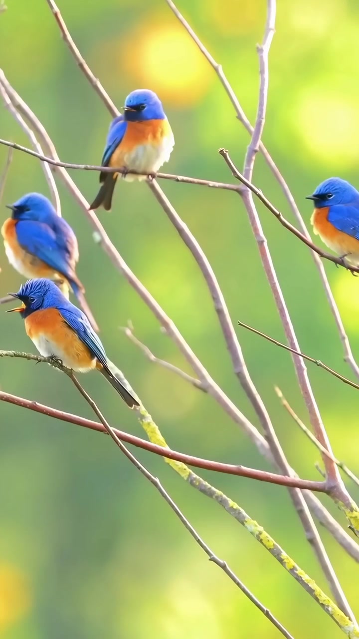 Uccelli vivaci blu e arancioni appollaiati sui rami degli alberi