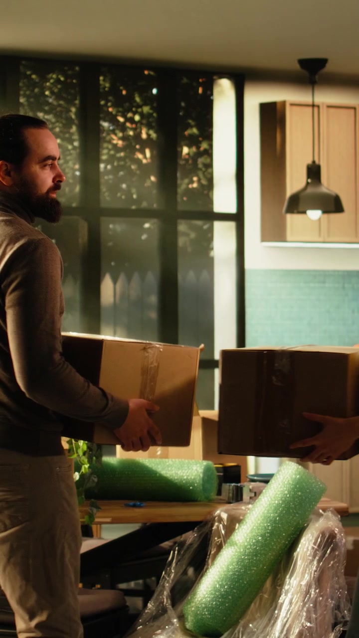 Vertical Video Happy couple moving into their new house and carrying cardboard boxes