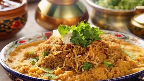 steam rising from a delicious looking asian noodle dish topped with fresh herbs and served on a table with traditional dishware