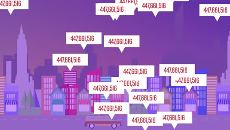 multiple speech bubbles with numbers changing floating against cityscape