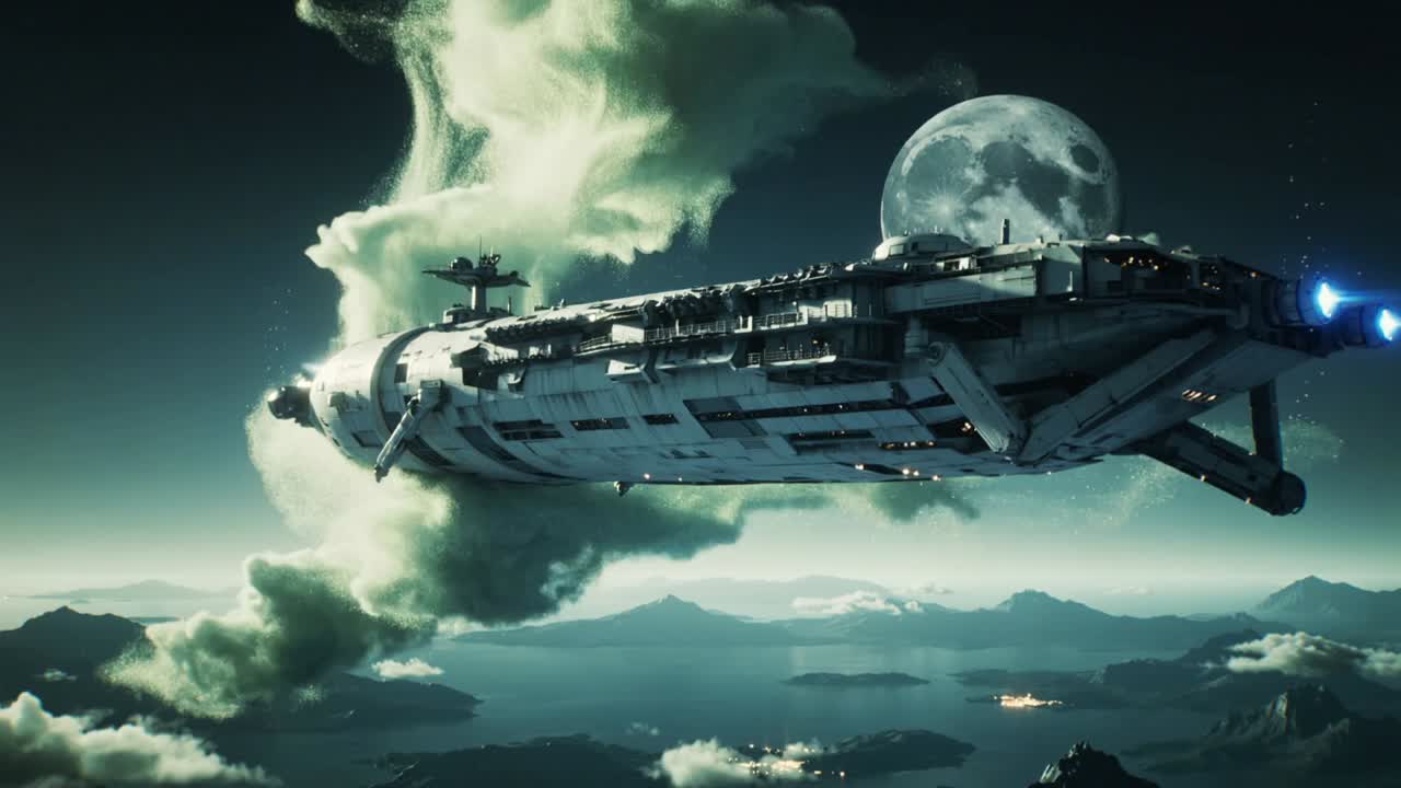 Engines firing armored ship cruising over islands, full moon, green cloud, blue exhaust