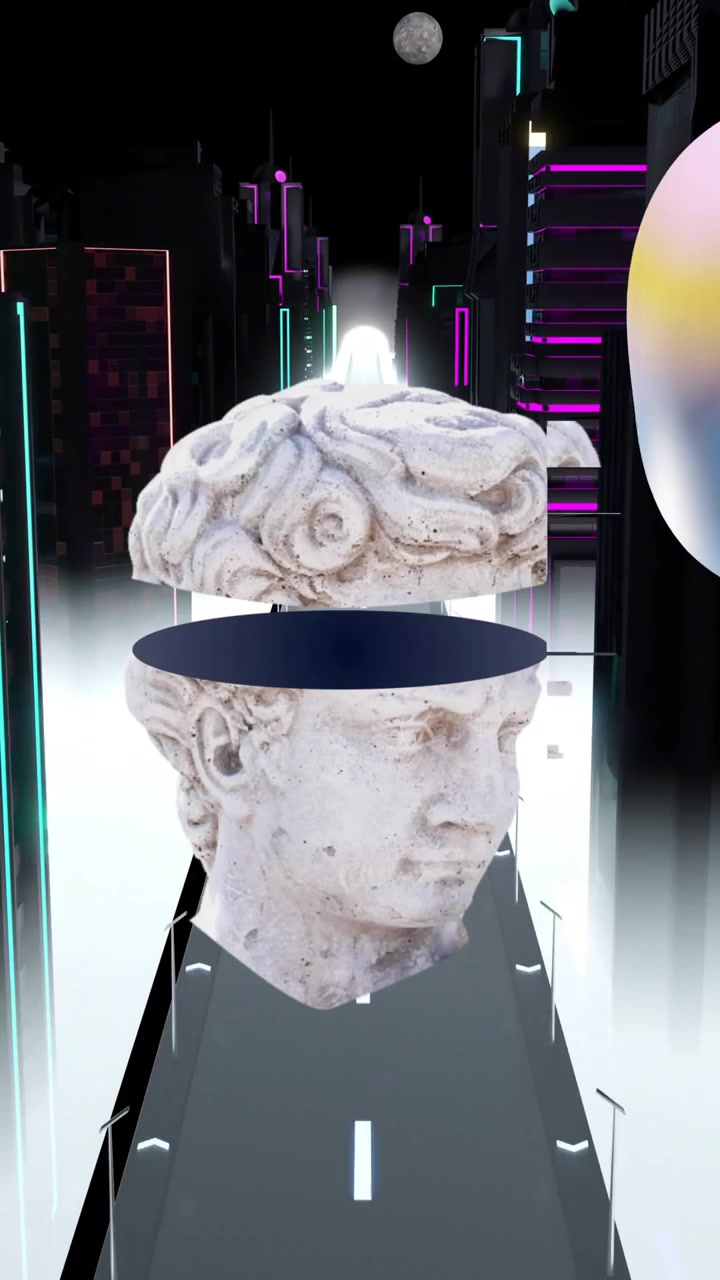 Abstract shapes and classical sculpture head animation over futuristic cityscape