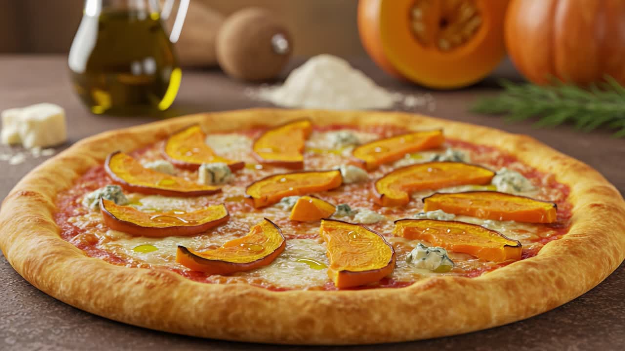 Gourmet Pumpkin and Cheese Pizza with Olive Oil and Ingredients
