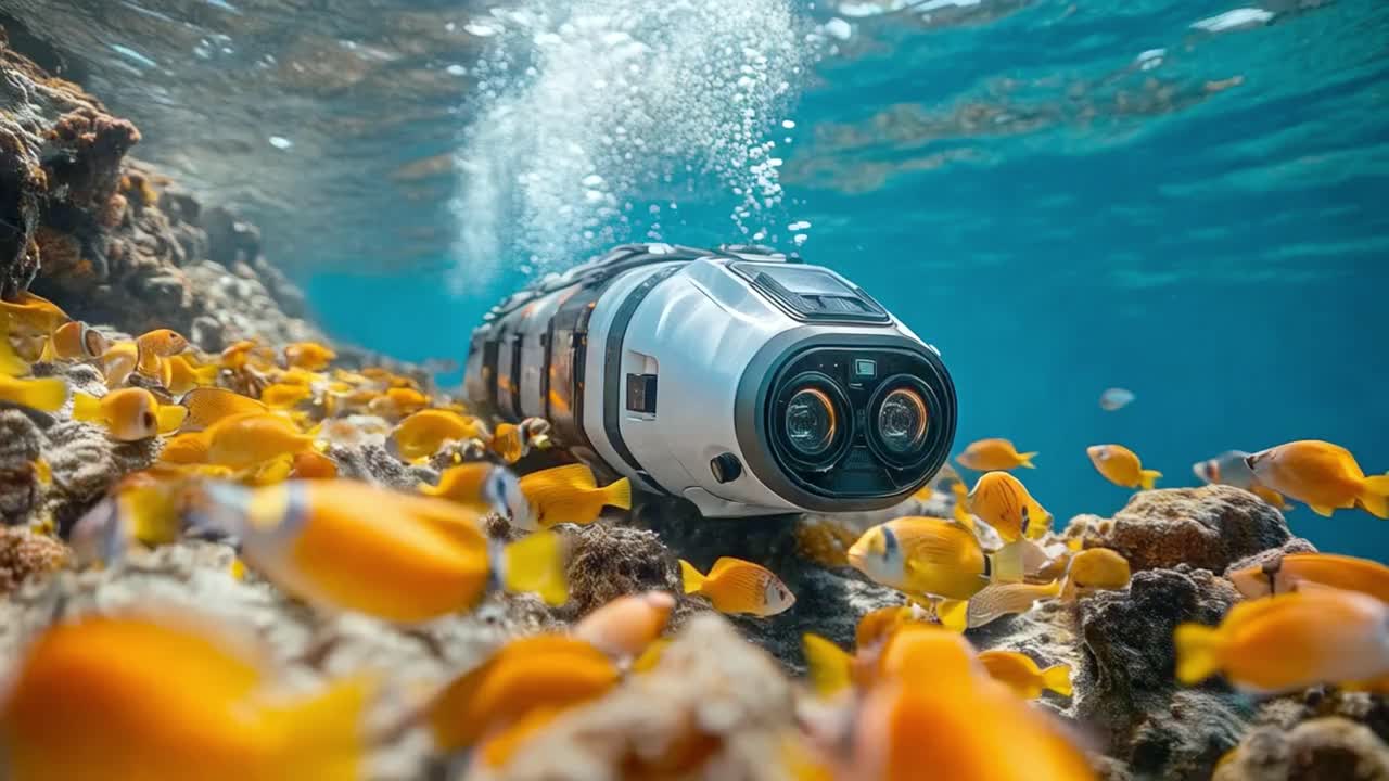 Underwater robot exploring coral reef with fish