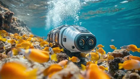 underwater robot exploring coral reef with fish