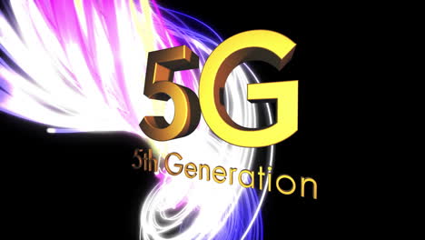 animación de texto de 5g de quinta generación sobre rastros de luz en fondo negro