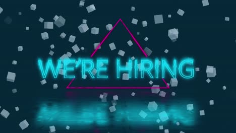 animation of we're hiring text over shapes on black background