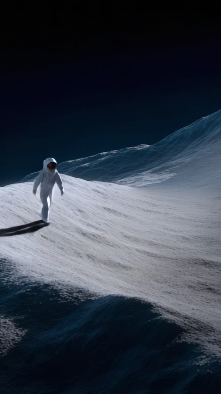 An astronaut explores the surreal landscape of a distant celestial body, surrounded by undulating terrain under a starry sky, embodying the ultimate adventure in space