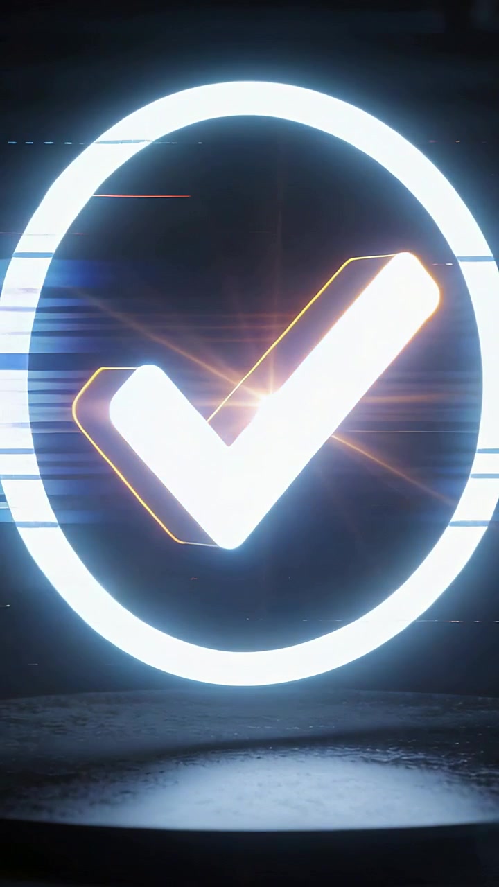 Vertical video: Pulsing checkmark in glowing ring on stage as amber streaks sweeping accenting mark