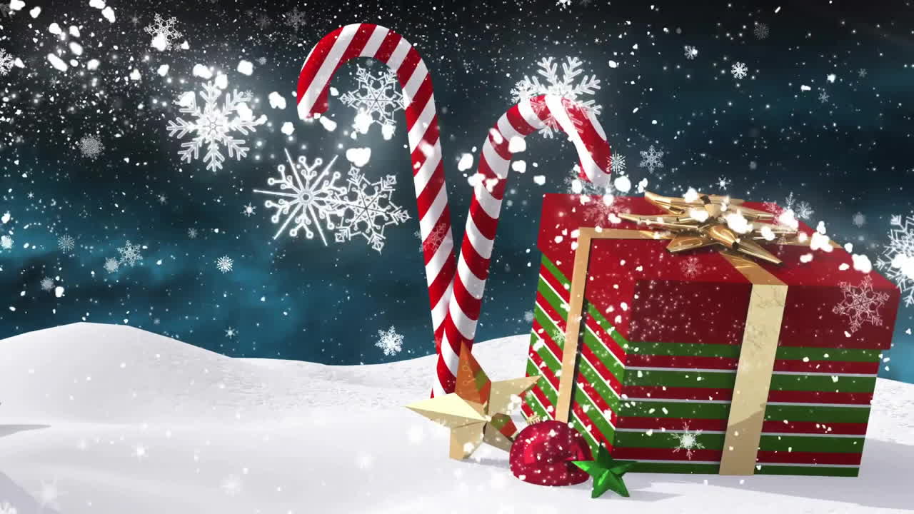 Christmas decorations with candy canes and gift box over snowflakes animation