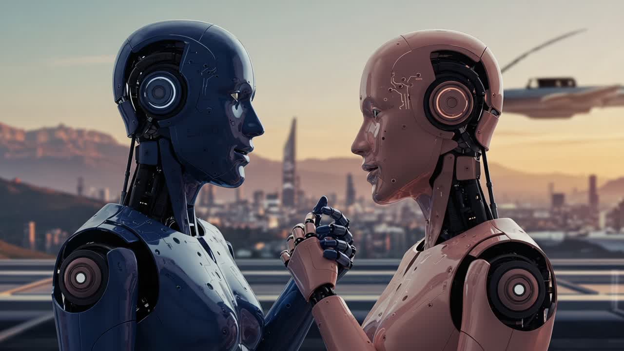 A Profound Connection: Two Advanced Robots Engaging in a Moment of Intimacy against a Futuristic Cityscape in the Background, Symbolizing the Intersection of Technology and Emotion