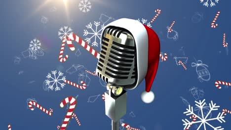 Animation-of-retro-microphone-with-santa-hat-over-snow-and-candy-canes-falling-on-blue-background