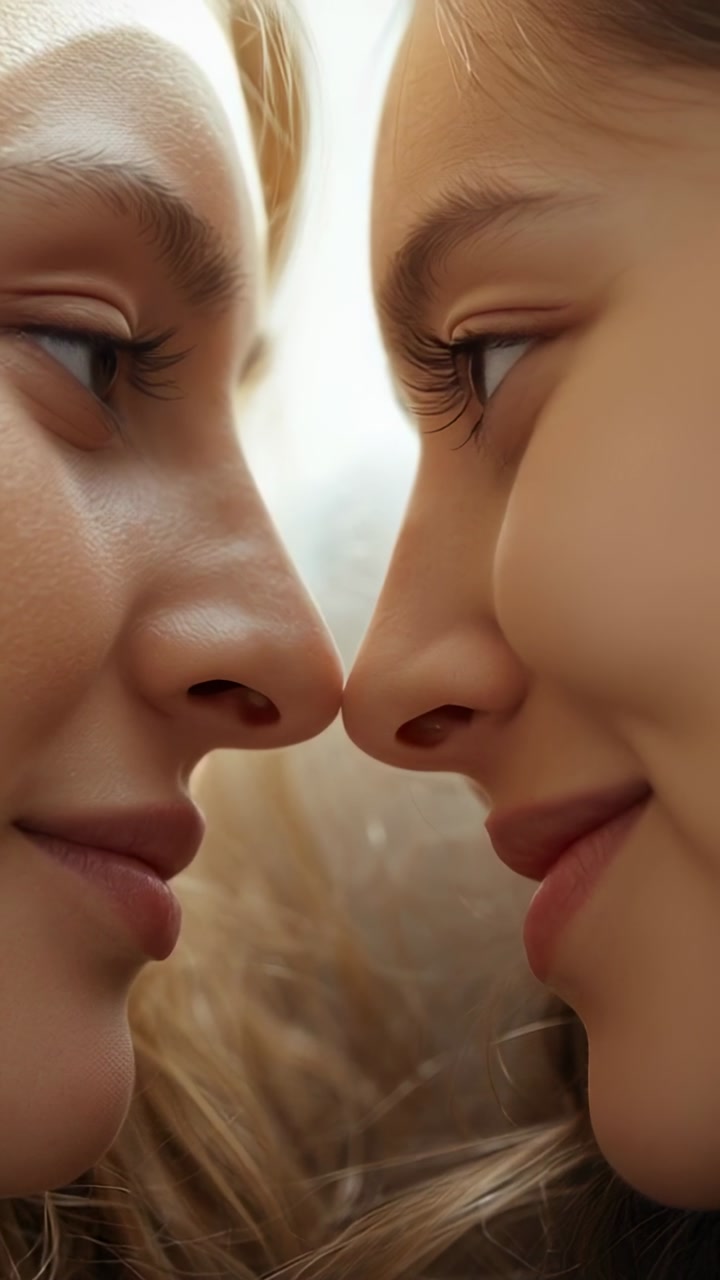 Two women holding close gaze, soft smiles initiating head shifts, conveying intimate beauty
