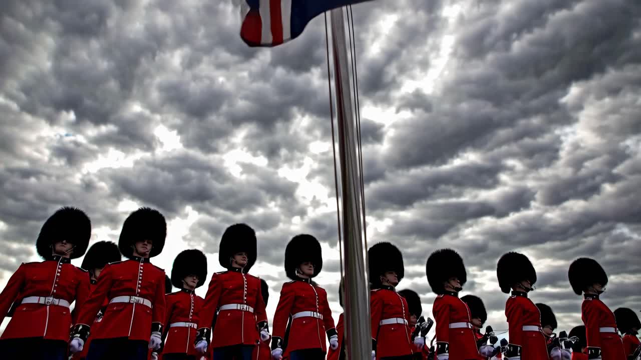 Low-angle shot of guards in bearskin hats beneath a dramatic cloudy sky, with a flagpole centered