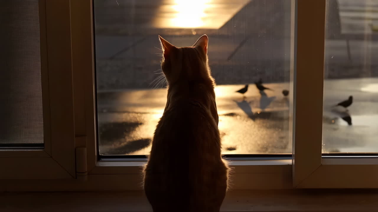 A cat watches birds from a window during golden hour