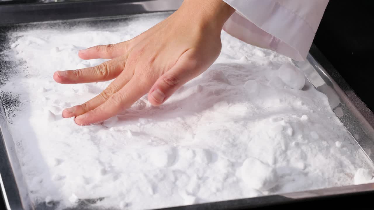 manos interactuando con el bicarbonato de sodio en la bandeja