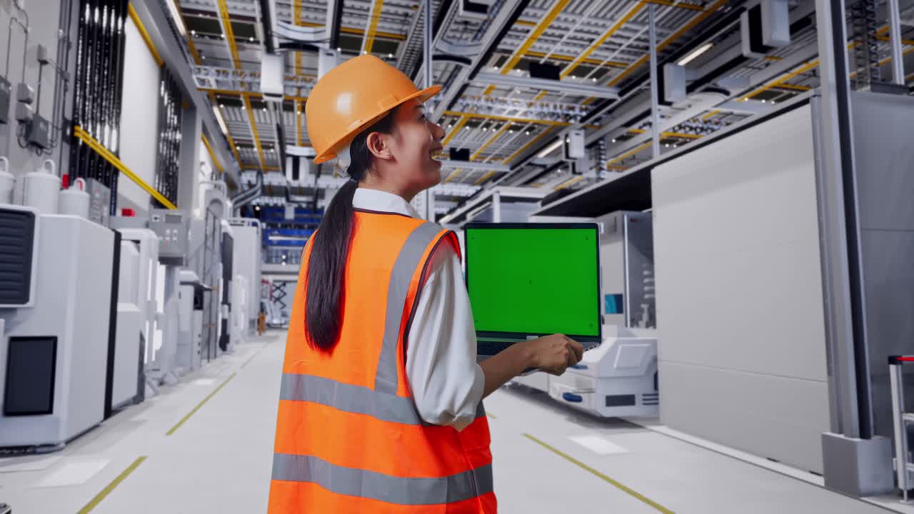 현대 제조 시설에서 노트북을 검토하는 엔지니어