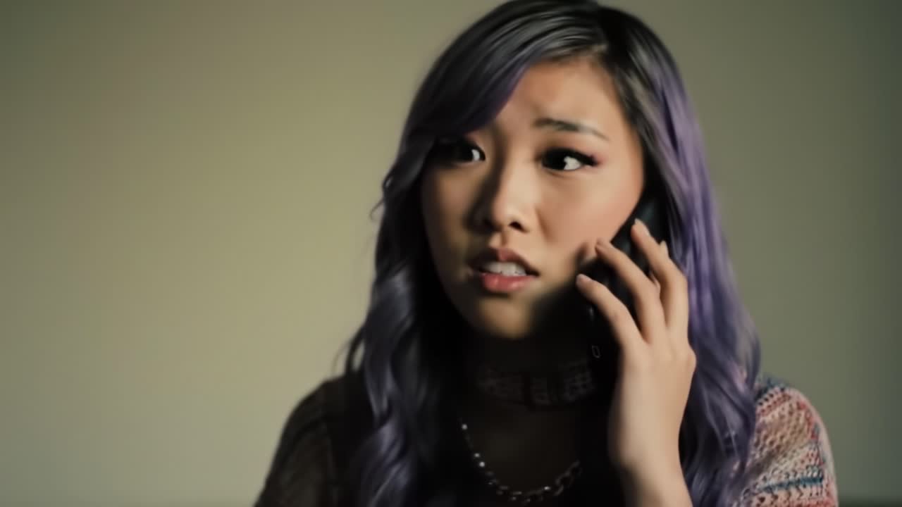 A young woman with purple hair is engaged in a serious conversation on her phone. She appears worried, conveying emotions in a cozy indoor setting during the day.