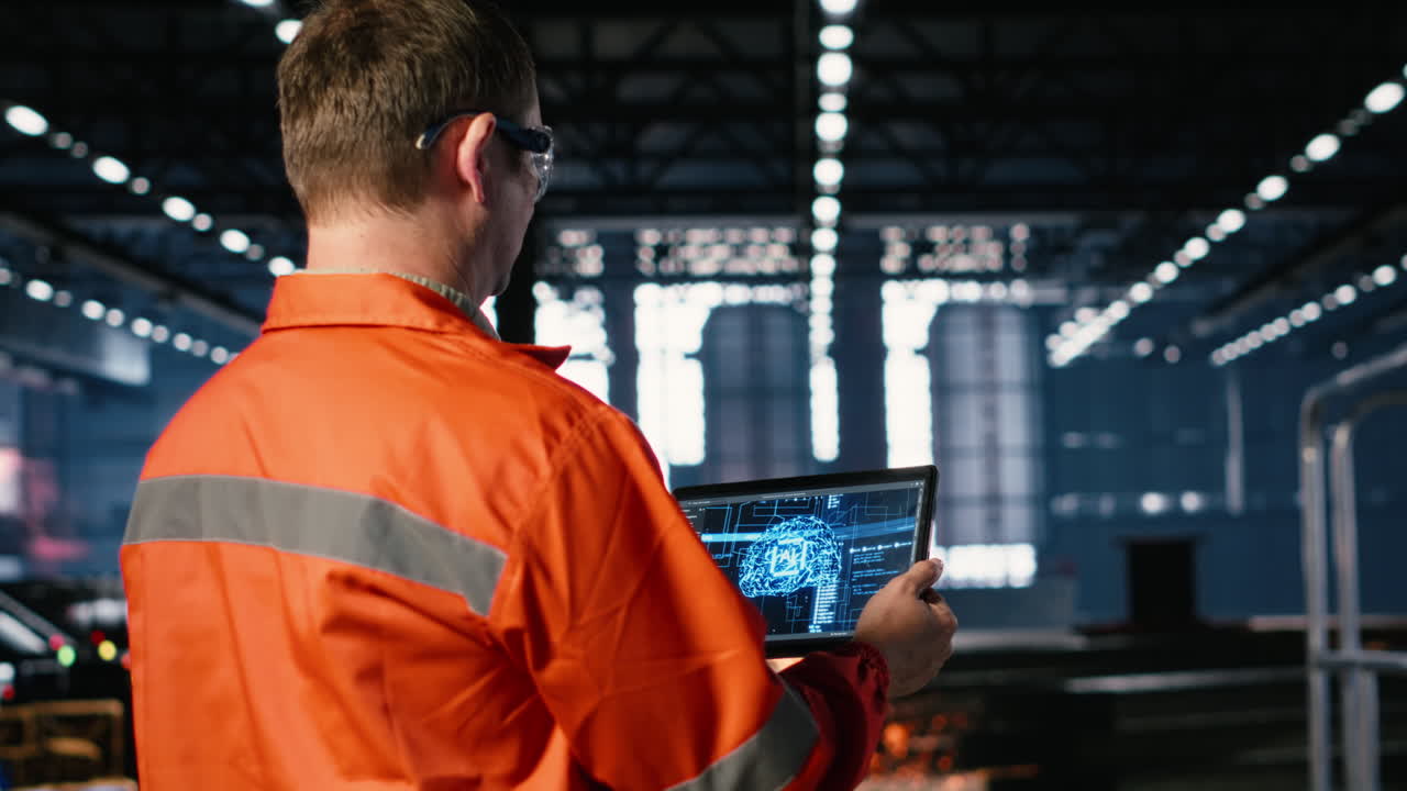 Technician controls automation machinery guided by AI and machine learning