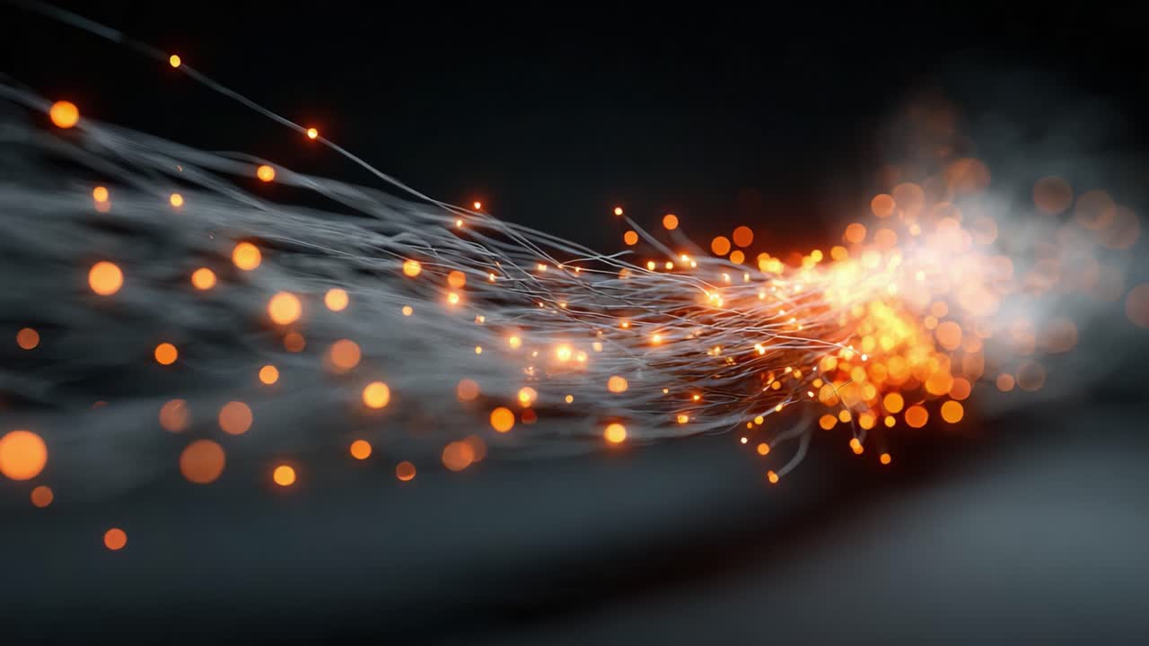 Flusso dinamico di particelle di luce: una rappresentazione visiva accattivante di energia e movimento in un'atmosfera scura, che evidenzia flussi scintillanti e un bagliore radioso.