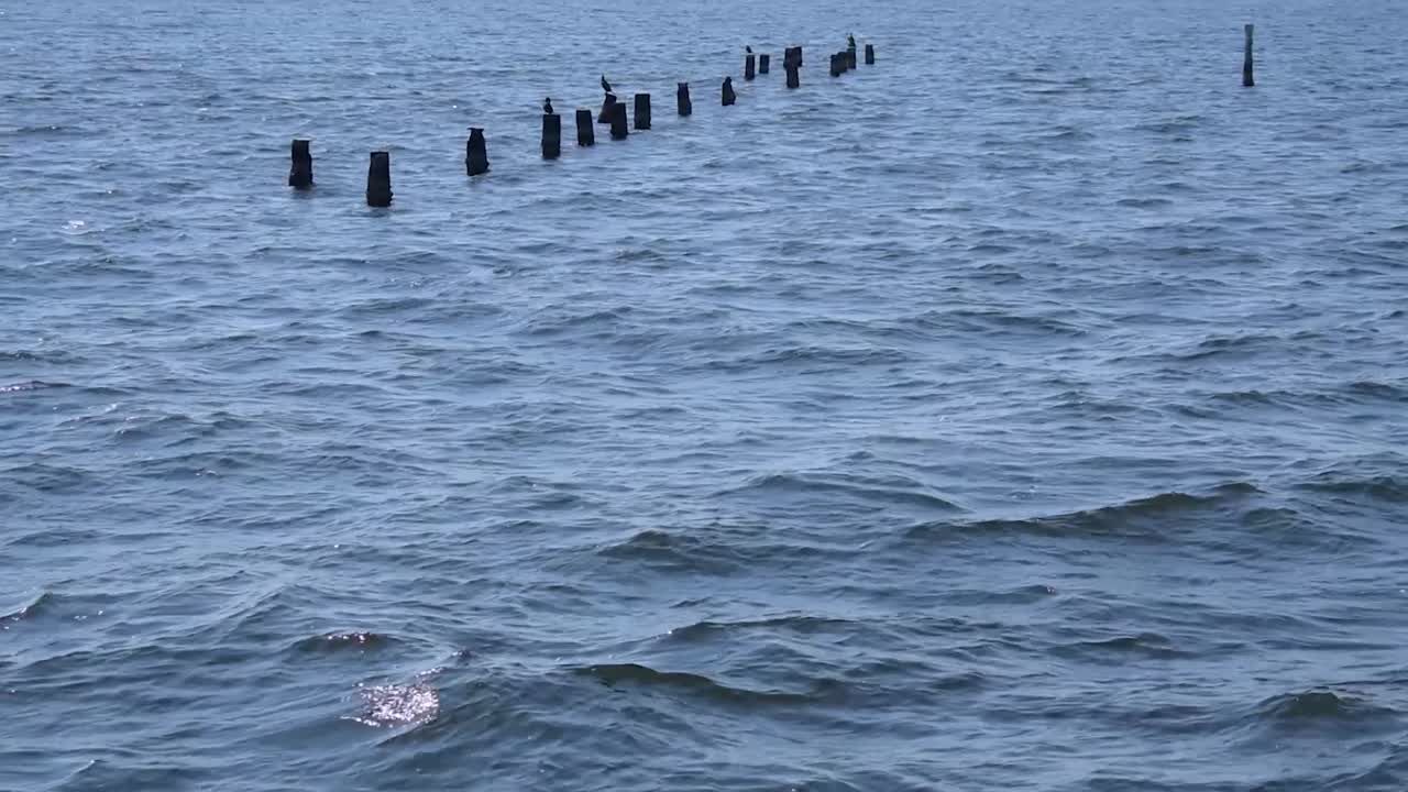 풍화된 기둥이 배경에 있는 짙은 푸른 파도
