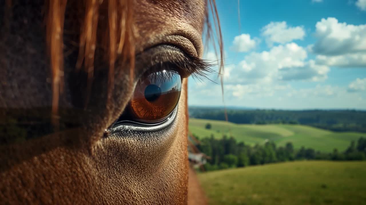 Light shifting causing camera zooming horse eye on farm with lashes reflecting pasture, copy space