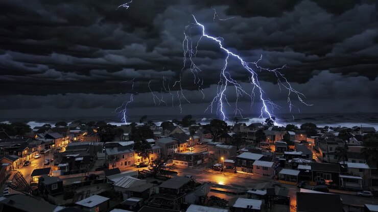 Video aereo mozzafiato di un cielo tempestoso sopra una città, che cattura nuvole minacciose e illuminazione cupa