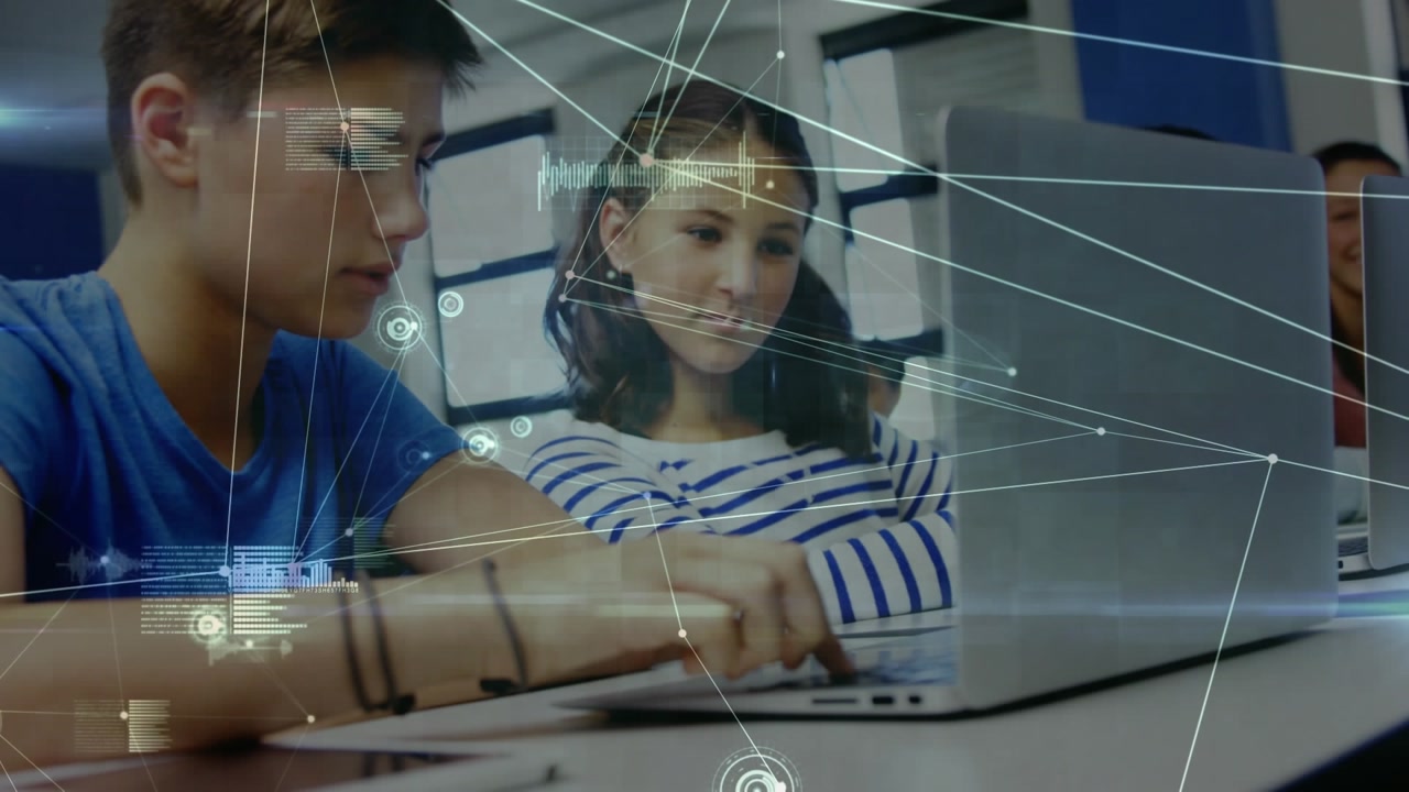 Animation of connected dots, graphs, soundwaves on caucasian students watching project on laptop