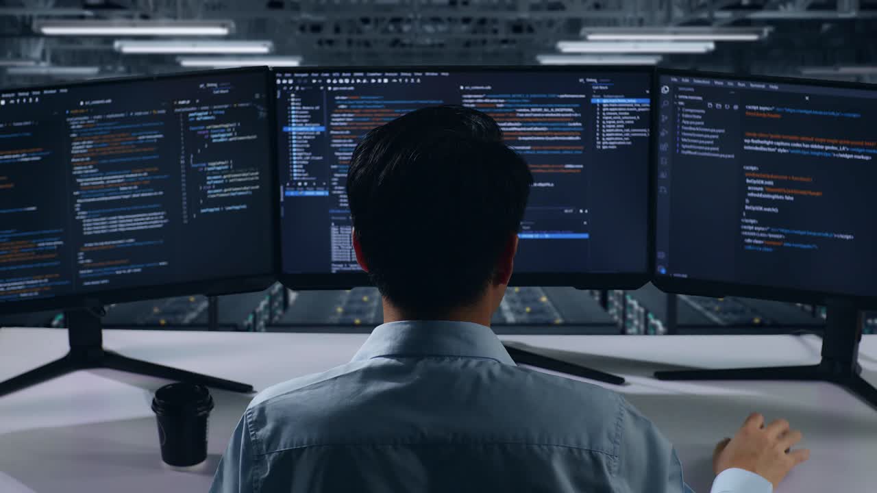 vista trasera de un desarrollador asiático feliz celebrando mientras escribe código con múltiples pantallas de computadora en el centro de datos
