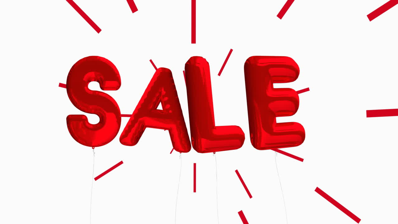 animación del texto de venta de globos rojos con rayos rojos sobre fondo blanco