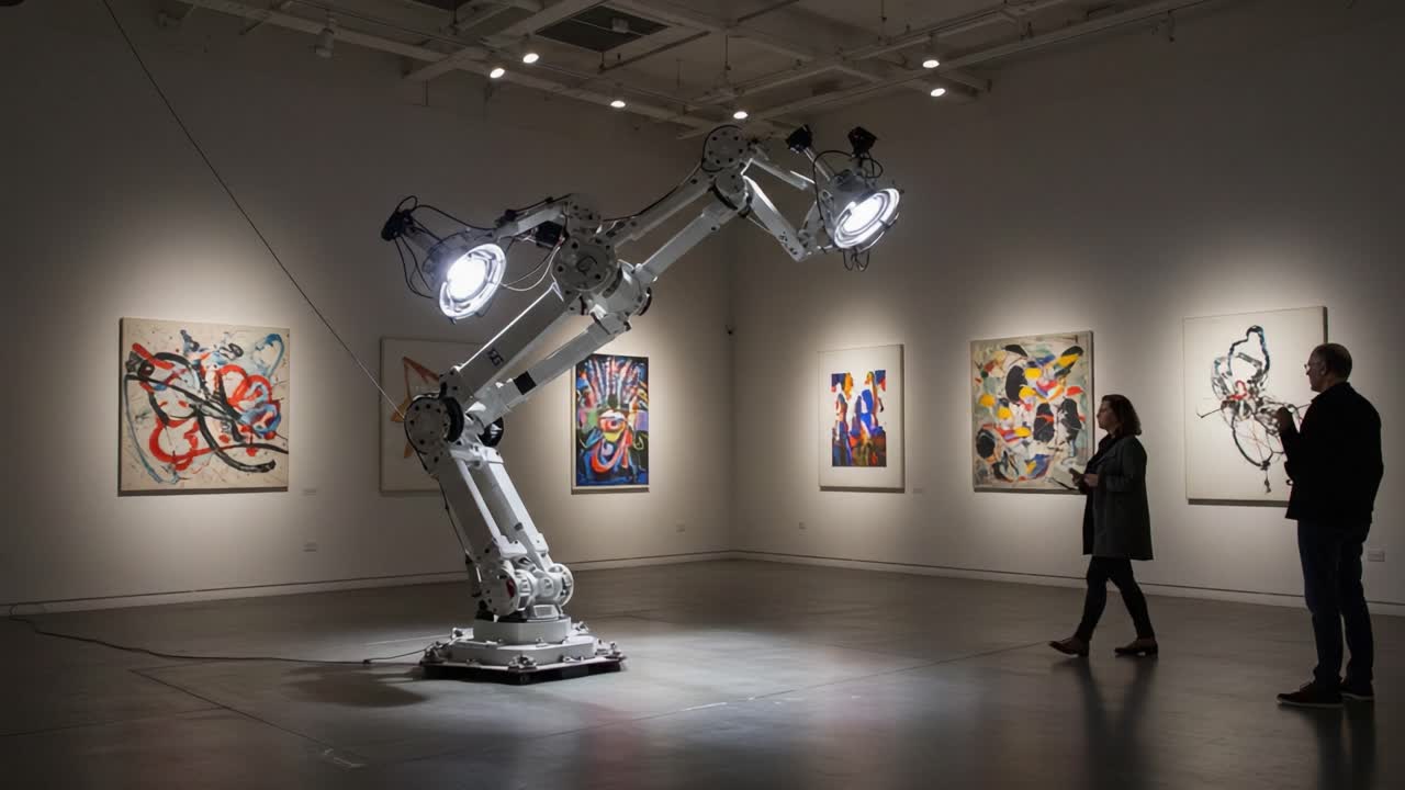 An Innovative Robotic Arm Showcases Artistic Expression in a Modern Gallery, Enabling Unique Interactions Between Art and Technology Amidst Striking Visuals