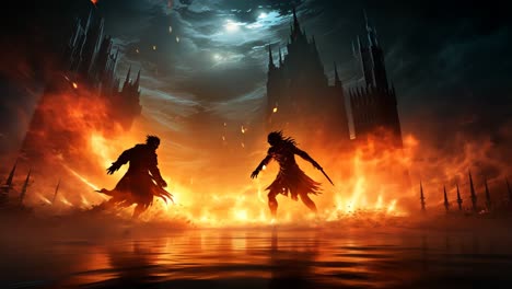 dramatic battle between two shadowy figures amidst flames and ruins
