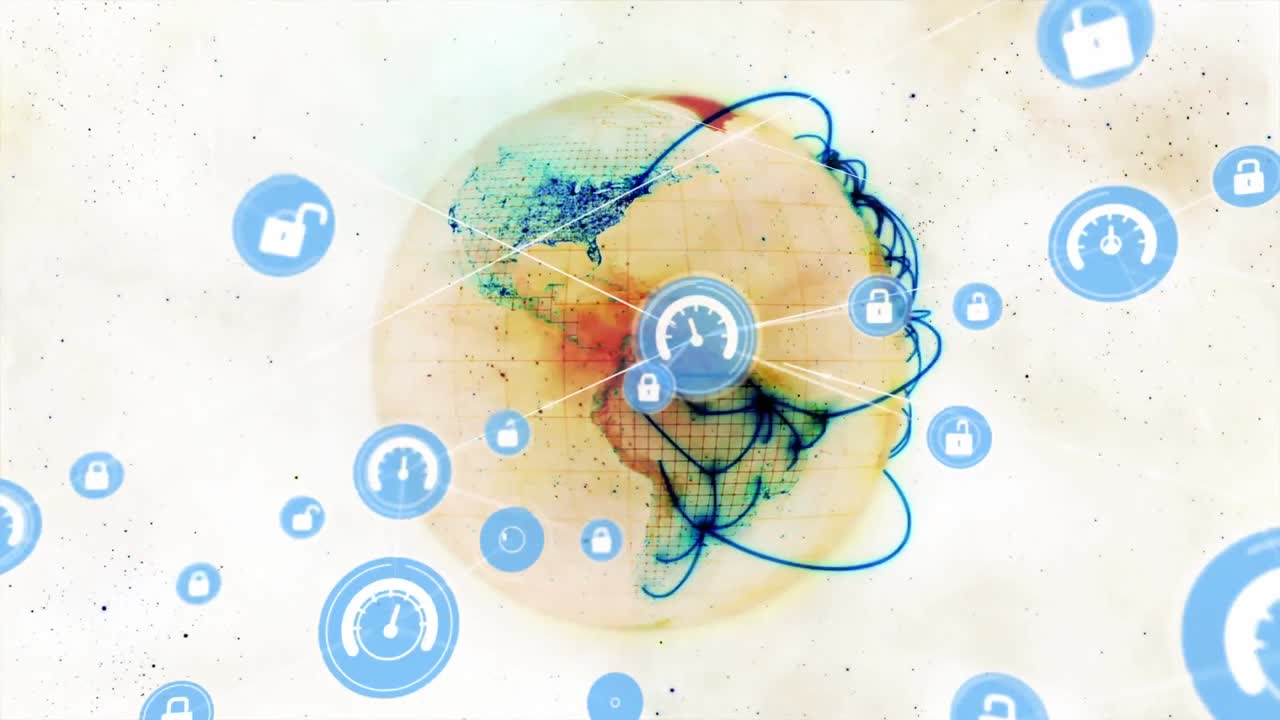 animación digital de una red de iconos digitales contra rastros de luz azul sobre un globo giratorio