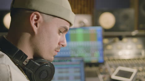 young caucasian man working at music recording studio