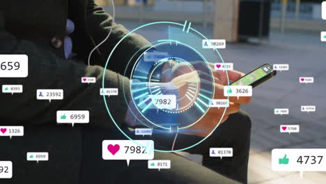 animation of scope scanning over social media icons and man using smartphone