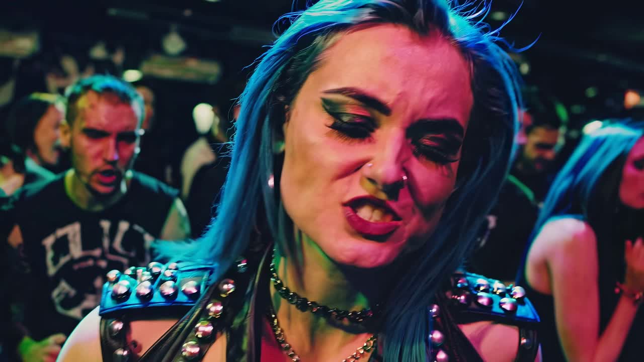 Low-angle shot of a vibrant punk rock concert in a graffiti-covered venue, capturing the energetic