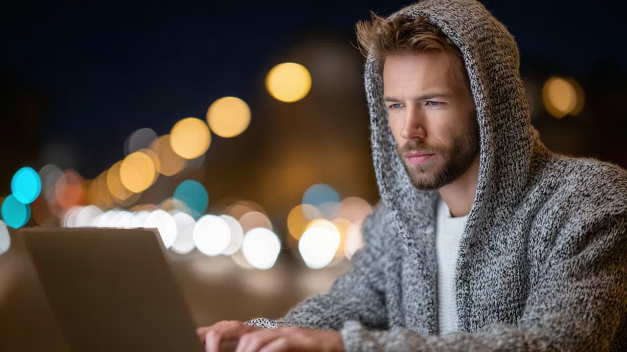 Fokuseret person i hyggelig hættetrøje, der skriver på en bærbar computer i en urban natscene med slørede lys i baggrunden, der fanger et øjeblik af koncentration og teknologi
