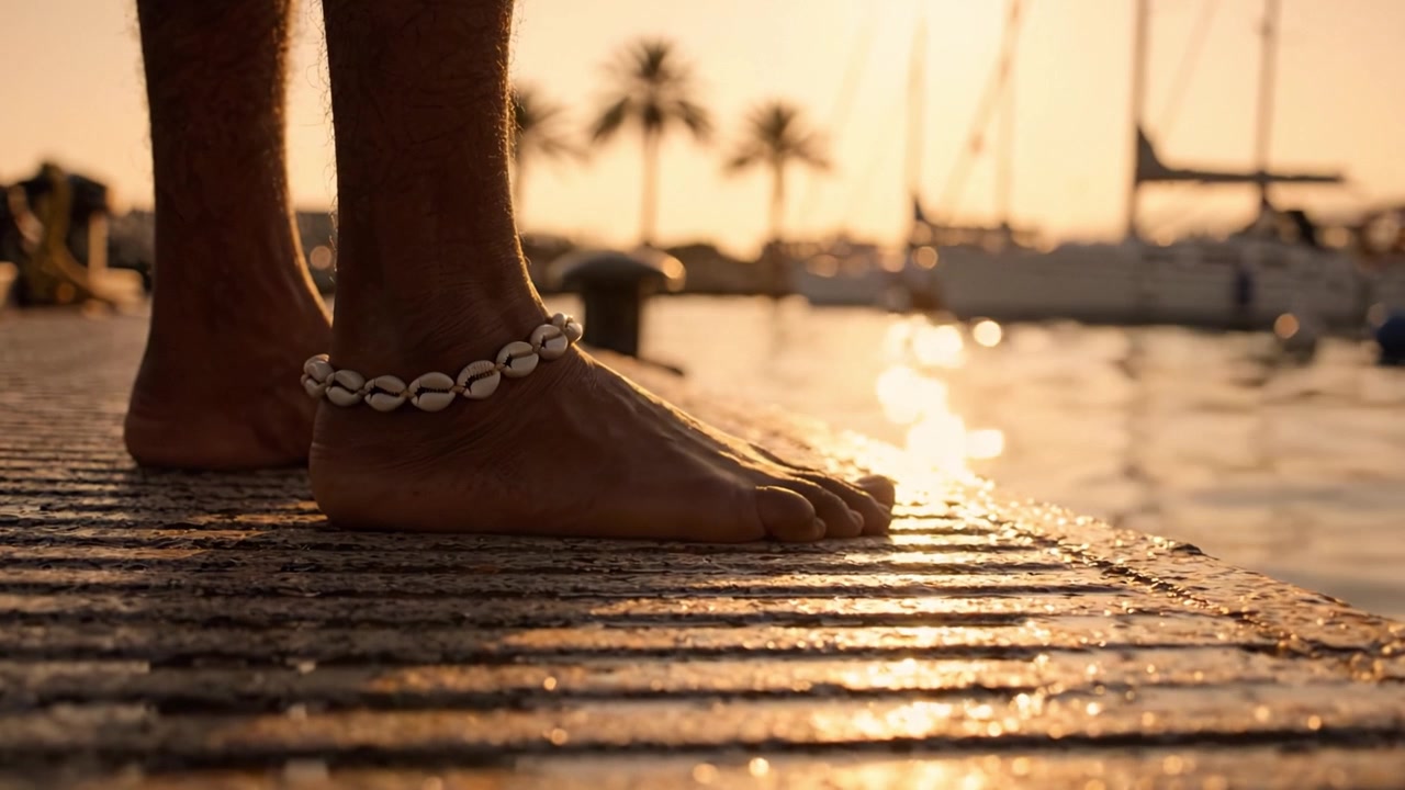 Riflessi del tramonto sul molo: i piedi di una persona con un braccialetto di conchiglie catturati in una luce splendida in riva all'acqua con barche sullo sfondo.
