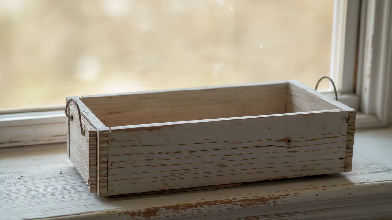 Sitting box with dovetail joints on painted sill, daylight causing dust motes drifting