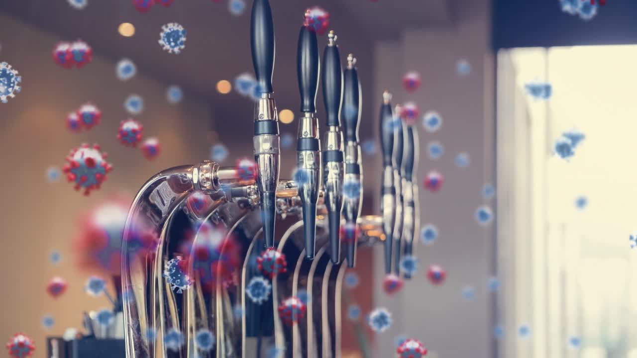 맥로 코로나19 세포가 바의 맥주  ⁇ 에 떠다니는 애니메이션