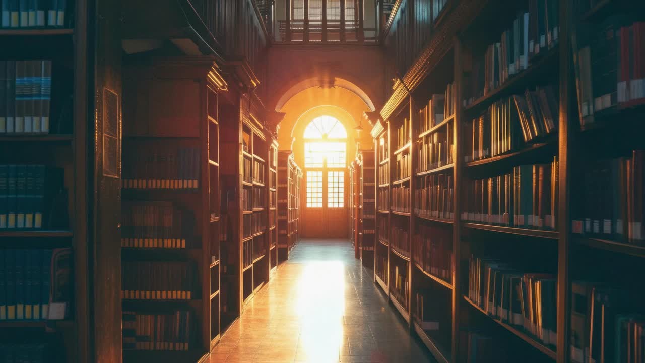 Ein ruhiger Bibliotheksgang bei Sonnenuntergang, in einer Weitwinkelaufnahme festgehalten. Das warme Licht erzeugt eine filmische
