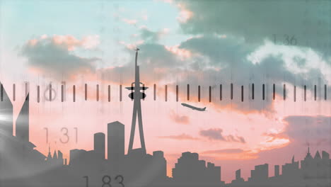 Animation of financial data processing over cityscape