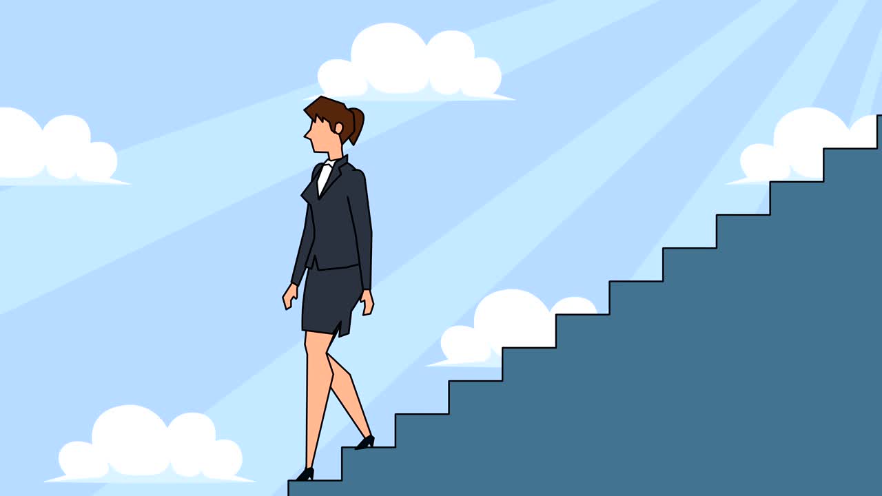 personaje de mujer de negocios de dibujos animados plana baja por la escalera de la carrera escaleras de concepto de animación