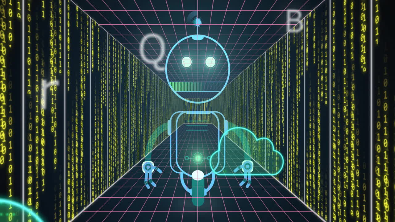 Animazione di robot e cloud computing su sfondo di tunnel di dati digitali