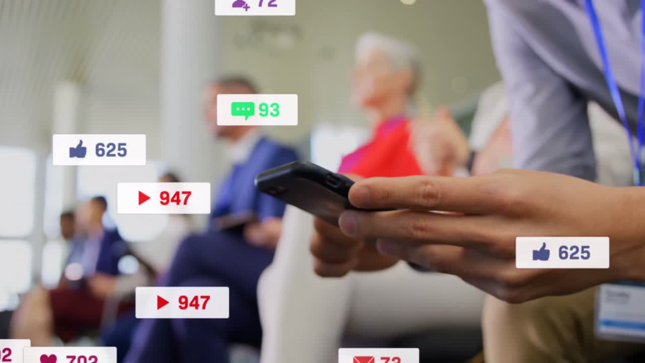 스마트폰을 사용하는 백인 사업가에 대한 미디어 아이콘의 애니메이션