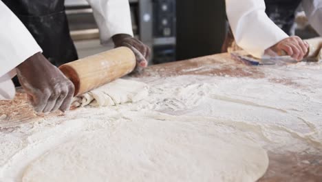 diverse bakers working in bakery kitchen, rolling dough on counter in slow motion