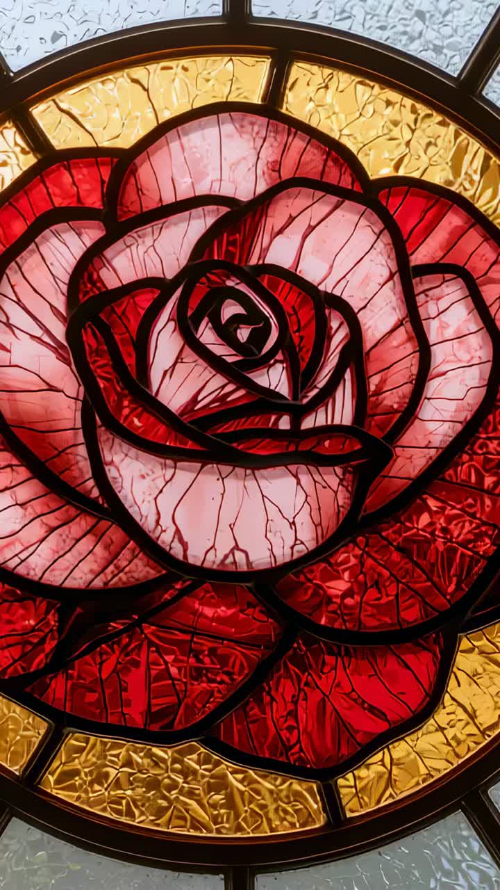 Vertical video: Starting camera shifting closer to rose panel at ceiling, revealing lead cames